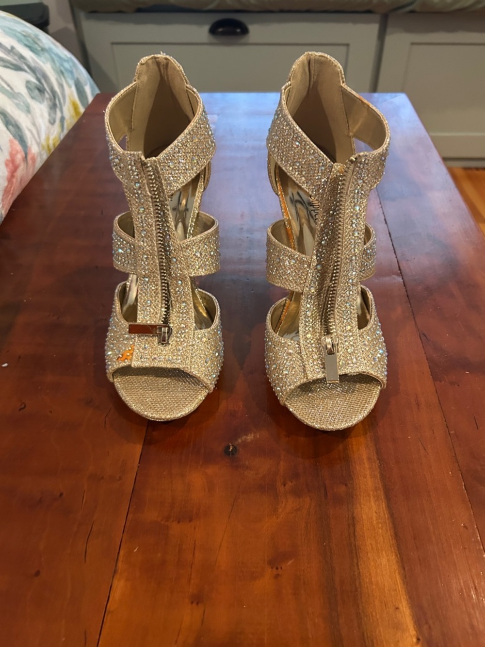 Women’s Gold Crystal-Strap Zipper Heels